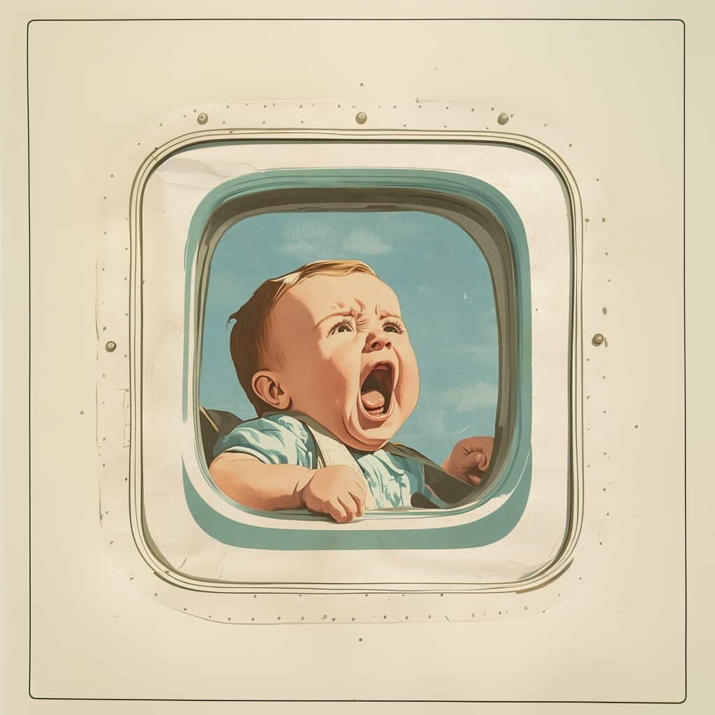 Retro travel poster of a crying baby on an airplane